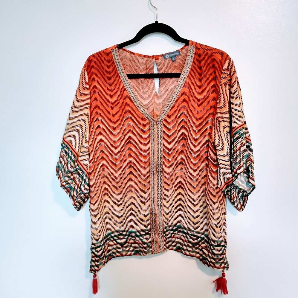 Democracy boho striped tunic with tassels at the hem size small